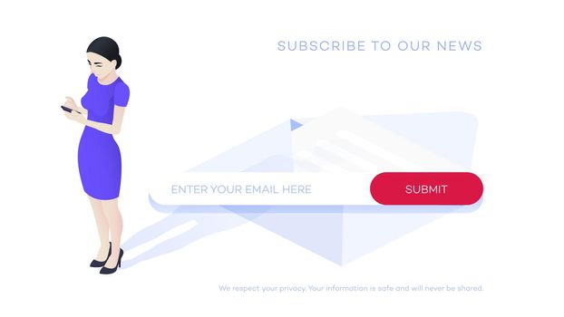 Email subscribe to latest news. Website element with e-mail subscribition form. Web template for subscribition page design. Clean and simple vector illustration.