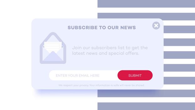 Email subscribe to latest news. Website element with e-mail subscribition Popup form. Web template for subscribition page design. Clean and simple vector illustration.