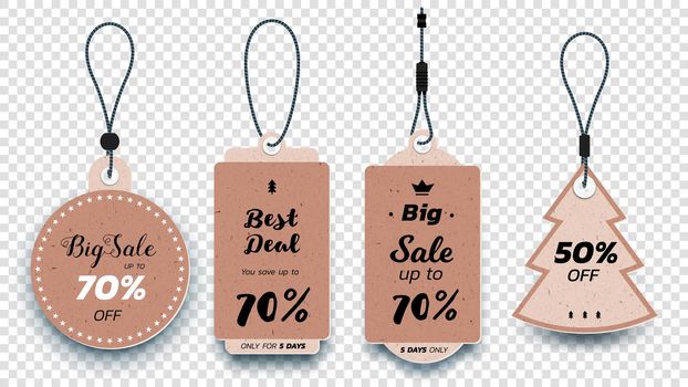 Realistic Carton Hanging Sale Tags. Set Of Isolated Vector Paper Sale Labels. Christmas Sale Tags. Vector Design Elements.