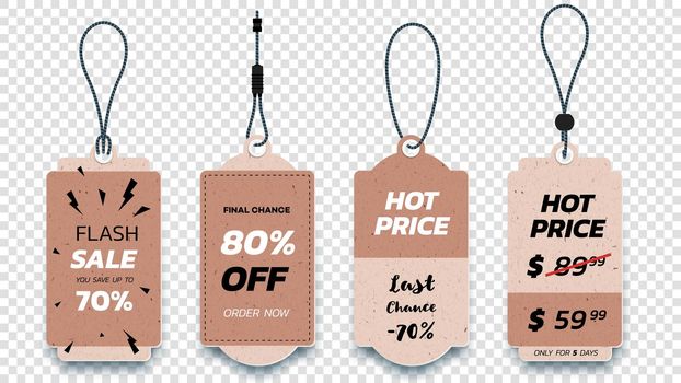 Realistic Carton Hanging Sale Tags. Set Of Isolated Vector Paper Sale Labels. Christmas Sale Tags. Vector Design Elements.