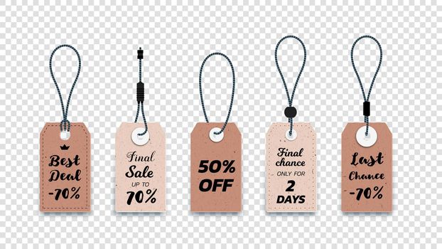 Realistic Carton Hanging Sale Tags. Set Of Isolated Vector Paper Sale Labels. Christmas Sale Tags. Vector Design Elements.
