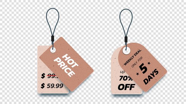 Realistic Carton Hanging Sale Tags. Set Of Isolated Vector Paper Sale Labels. Christmas Sale Tags. Vector Design Elements.