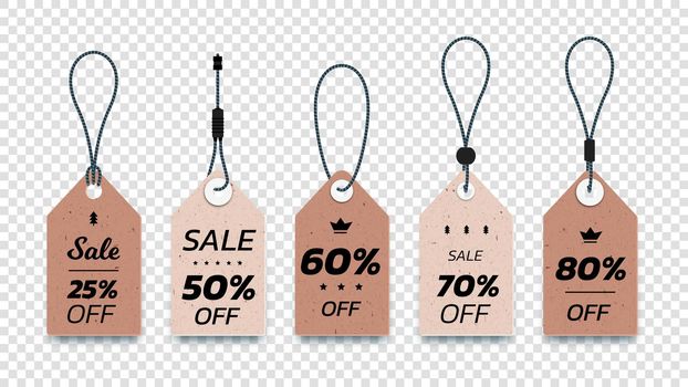 Realistic Carton Hanging Sale Tags. Set Of Isolated Vector Paper Sale Labels. Christmas Sale Tags. Vector Design Elements.