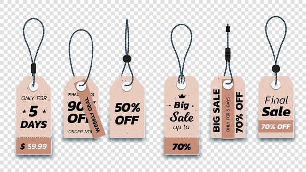 Realistic Carton Hanging Sale Tags. Set Of Isolated Vector Paper Sale Labels. Christmas Sale Tags. Vector Design Elements.