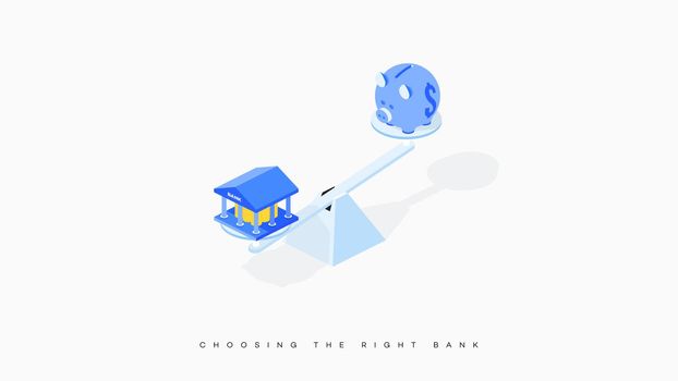 Choice between a bank and a piggy bank. Conceptual vector illustration of a metaphor of unequal benefit. Question of choosing the right bank.