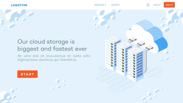 Isometric datacenter, conceptual cloud hosting illustration. Abstract cloud with server rack on cloudscape backround. Web page template.