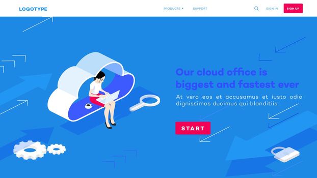 Isometric cloud office. Woman with laptop sit on cloud. Web hosting working process. Backup and file sharing concept. Cloud computing technology vector illustration.