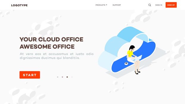 Isometric cloud office. Woman with laptop sit on cloud. Web hosting working process. Backup and file sharing concept. Cloud computing technology vector illustration.