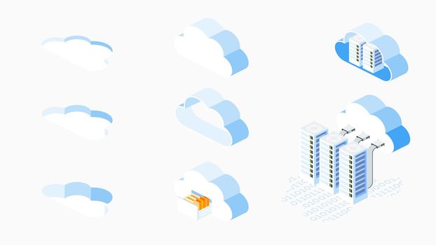 Isometric cloud icons. Web hosting concept. Global network technology.