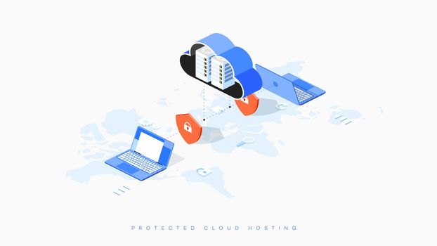 Infographic illustration of secure cloud hosting. Isometric cloud with a server inside and shields with locks. The metaphor of a secure connection with the cloud service. Global work on the world map.