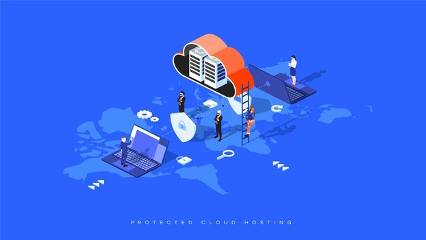 Infographic illustration secure cloud hosting. Isometric cloud server inside shields with locks. Sharing people on laptops, security, technician. Businessmen and teamwork from anywhere on world map.