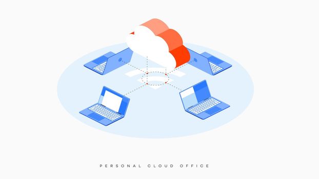 Infographic vector illustration of cloud hosting. Cloud storage and connected laptops as a secure cloud office metaphor. Isometric Wi-Fi symbol. Simple and clean modern design.