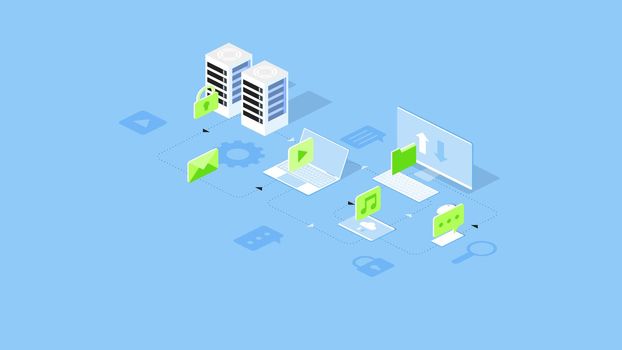 Infographic vector cloud computing illustration. Connected devices share files music emails videos icons. Computer laptop tablet smartphone connected to abstract cloud. Cloud networking concept.