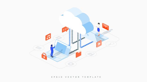 Infographic illustration of cloud hosting. A businessman and a woman share files, music, emails, videos, and messages. Cloud storage laptops and office people as a metaphor for secure teamwork.