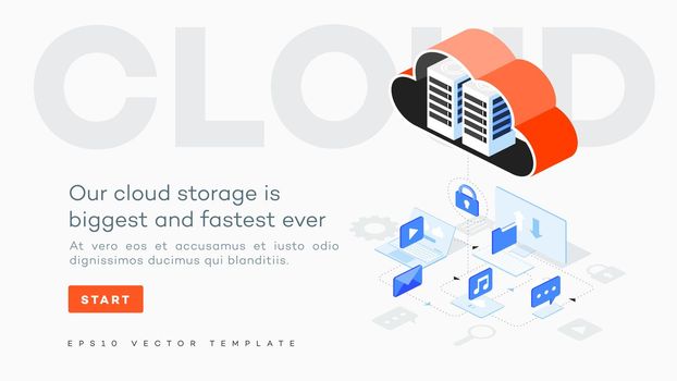 Infographic vector cloud computing illustration. Connected devices share files music emails videos icons. Computer laptop tablet smartphone connected to abstract cloud. Cloud networking concept.