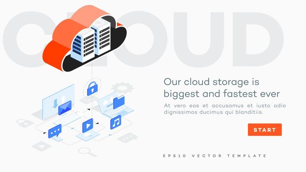 Infographic vector cloud computing illustration. Connected devices share files music emails videos icons. Computer laptop tablet smartphone connected to abstract cloud. Cloud networking concept.