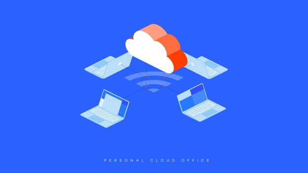 Infographic vector illustration of cloud hosting. Cloud storage and connected laptops as a secure cloud office metaphor. Isometric Wi-Fi symbol. Simple and clean modern design.