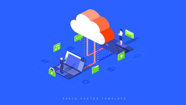 Infographic illustration of cloud hosting. A businessman and a woman share files, music, emails, videos, and messages. Cloud storage laptops and office people as a metaphor for secure teamwork.