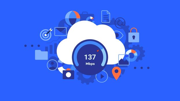 Conceptual flat vector illustration for cloud hosting. Moution animation ready cloud concept. Simple and clean blue vector background.