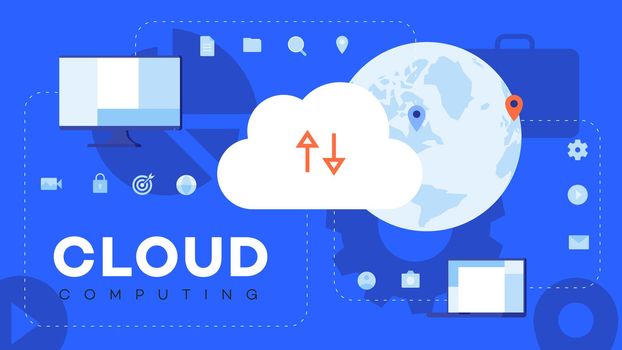 Conceptual flat vector illustration for cloud hosting. Moution animation ready cloud concept. Simple and clean blue vector background.