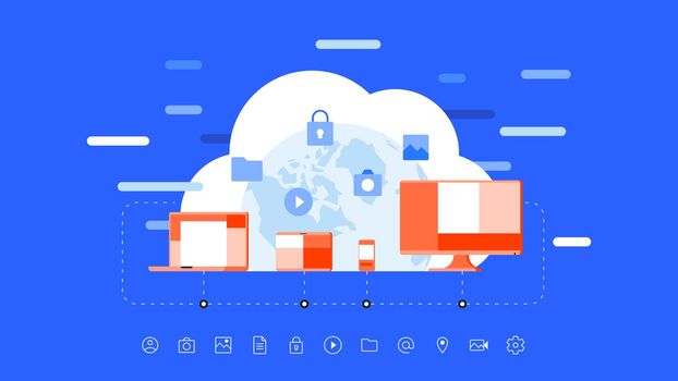 Conceptual flat vector illustration for cloud hosting. Moution animation ready cloud concept. Simple and clean blue vector background.