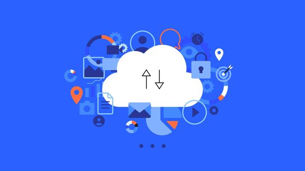 Conceptual flat vector illustration for cloud hosting. Moution animation ready cloud concept. Simple and clean blue vector background.