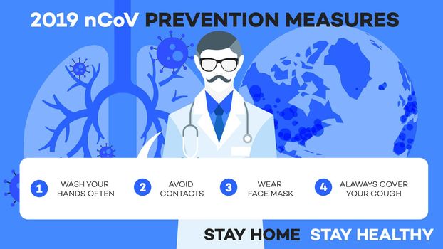 Infographic illustration how to protect yourself from Ncov (covid-19, sars-cov-2). Educational wuhan symptom vector illustration.