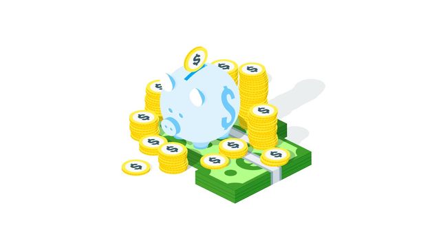 Stack of money with piggy bank. Vector isometric illustration. Vector pile with golden dollar coin and money bundle. Set of isometric money coins.