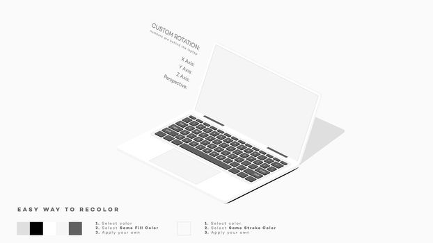 Realistic Isometric Laptop Mockup. Isolated Vector Illustration. Laptop Template For Your Modern Design. 2-1 Isometric Point View.