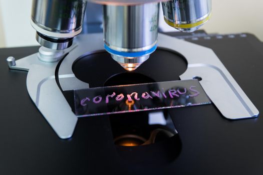 Coronavirus under a microscope on a glass slide.