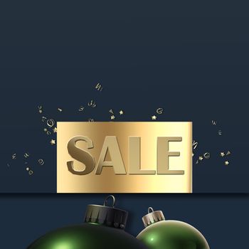 Winter sale design with green balls and word sale on gold gift tag over blue black background with confetti. 3D render