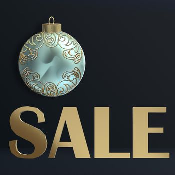 New Year sale with gold word Sale, Xmas ball bauble on red background with golden confetti. 3D render