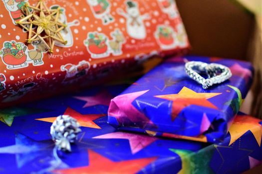 Close-up of colorful christmas gifts