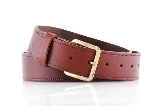 A brown leather belt on a white background with front reflection