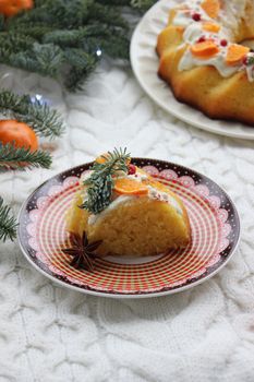 Close-up of a piece of Christmas cake on a plate.Texture or background