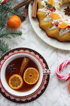 Christmas cake with tea on the table close-up.Texture or background