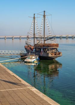 Dnipro, Ukraine 07.18.2020. Pleasure boats on the Dnipro embankment on a sunny summer morning