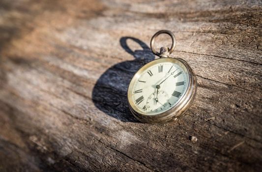 Vintage watch lies on a wood board, autumn time