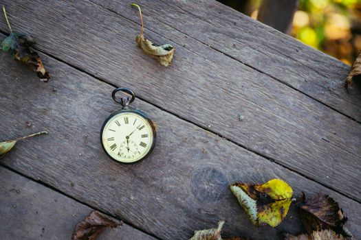 Vintage pocket watch on a wood board, colourful leaves, autumn