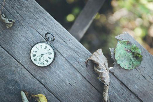 Vintage pocket watch on a wood board, colourful leaves, autumn