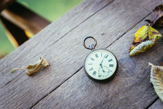 Vintage pocket watch on a wood board, colourful leaves, autumn