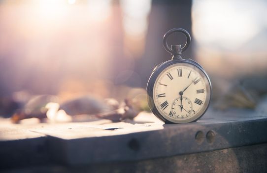 Vintage pocket watch on a wood board, colourful leaves, autumn, sunshine