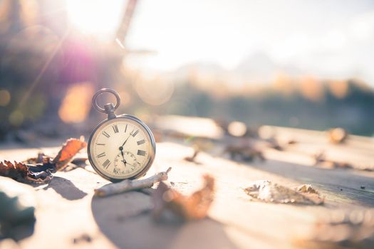 Vintage pocket watch on a wood board, colourful leaves, autumn, sunshine