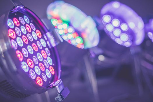 Party lighting: Colorful LED spots on the floor, hall