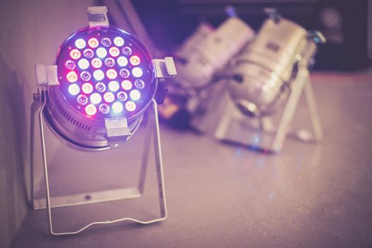 Party lighting: Colorful LED spots on the floor, hall