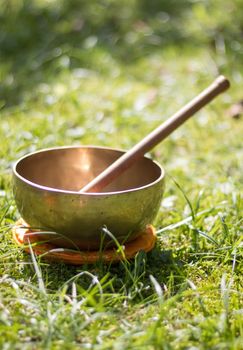 Metal singing bowl in the grass of the own garden, zen