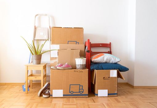 Move. Cardboard boxes, cleaning stuff and things for moving into a new home