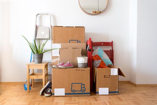Move. Cardboard boxes, cleaning stuff and things for moving into a new home