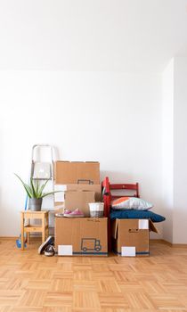 Move. Cardboard boxes, cleaning stuff and things for moving into a new home