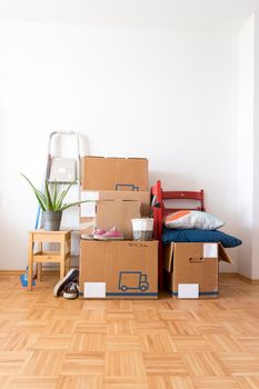 Move. Cardboard boxes, cleaning stuff and things for moving into a new home